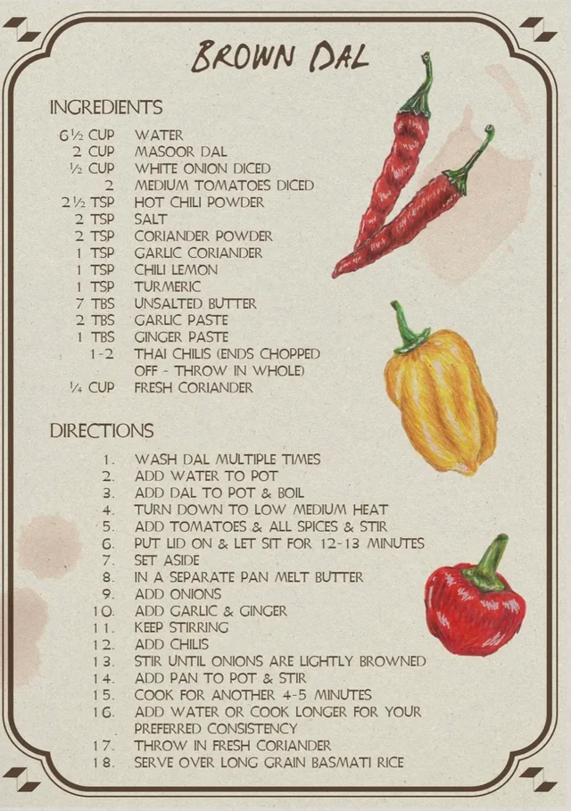 Original handwritten Brown Dal recipe card