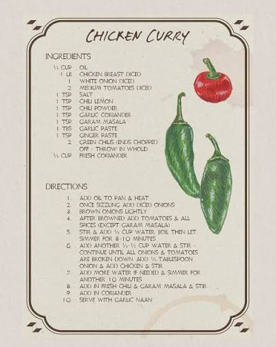 Original handwritten Chicken Curry recipe card