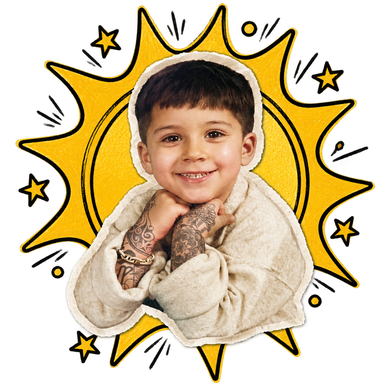 Baby Zayn in a hand-drawn golden starburst